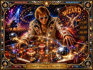 A flamboyant 1970s pinball master leans over a dazzling machine amid a concert-like fantasy of chrome balls, glowing bumpers, musical notes, and cheering crowds. Jewel-toned reds, blues, golds, and silvers blaze under theatrical lighting. Ornate metallic framing, star motifs, motion trails, and the engraved title plate create a triumphant glam-rock spectacle.