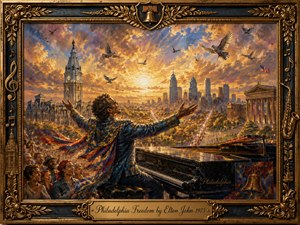 A jubilant figure at a grand piano opens his arms toward a glowing Philadelphia skyline as cheering crowds gather below. Golden sunset light, soaring birds, rich blues, reds, and warm metallic tones create an uplifting atmosphere. Painterly textures, historic landmarks, musical motifs, and an ornate gilded frame reinforce themes of freedom, celebration, and civic pride.