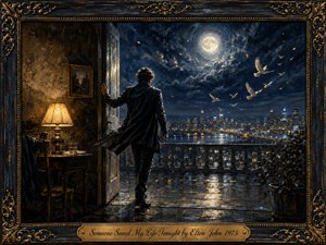 A solitary man steps from a warm, shadowed room onto a moonlit balcony overlooking a glittering city. Deep blues, silvery reflections, and amber lamplight create a reflective yet hopeful mood. White birds rise through a swirling sky, while ornate gold detailing and an engraved title plate frame the richly textured, cinematic painting.
