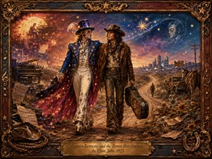 Two symbolic companions stride along a dusty road between glittering stage fantasy and rugged Western landscape. Warm gold, russet, deep blue, and violet tones glow beneath dramatic sunset and starlight. Ornate musical and cowboy motifs frame the richly painterly scene, while scattered sheet music, stars, piano imagery, and distant city lights suggest friendship, ambition, and memory.