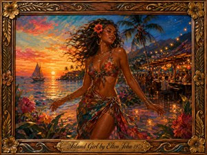 A vibrant island woman dances beside a tropical shoreline at sunset, framed by hibiscus blooms, palms, sailboats, and a glowing seaside nightlife scene. Rich oranges, coral, turquoise, and deep blue create a warm, rhythmic mood. Painterly brushwork, shimmering reflections, string lights, and an ornate carved frame enhance the romantic atmosphere.