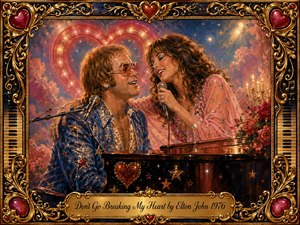 A joyful 1970s-inspired duet unfolds beside a glossy grand piano, with two glamorous singers sharing an affectionate, playful moment beneath a glowing heart-shaped backdrop. Warm gold, pink, blue, and red tones shimmer in theatrical light. An ornate gilded frame features hearts, piano keys, musical motifs, and an engraved title plate.