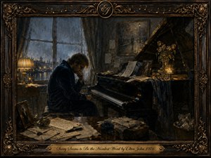 A solitary pianist sits beside a grand piano in a rain-darkened room, surrounded by scattered letters, sheet music, faded photographs, and wilted flowers. Cool blue window light contrasts with warm amber lamps and candles, creating a deeply melancholic atmosphere. Rich painterly textures, ornate framing, and the engraved brass title plate reinforce the reflective, sorrowful mood.