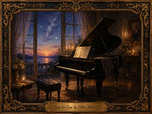 A grand piano rests in a candlelit music room overlooking a glowing twilight lake beneath a star-filled sky. Warm gold and amber light contrasts with deep blues and violets, creating a reflective, elegiac mood. Ornate musical carvings frame the painterly scene, while sheet music, flowers, photographs, and an engraved brass title plate enrich the intimate composition.