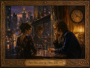 A melancholy couple sits across a small cafe table beside a rain-streaked city window, surrounded by glowing skyscrapers and reflected streetlights. Warm amber interior light contrasts with cool blues and purples outside. Painted in a cinematic, impressionistic style, the scene features a clock, single rose, drinks, ornate musical frame, and engraved title plate.