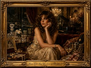 A glamorous woman in a shimmering gold gown sits thoughtfully in a lavish 1970s-style lounge, surrounded by crystal, pearls, champagne, velvet, and a grand piano. Warm chandeliers and candlelight illuminate rich burgundy and golden tones, while the nocturnal city skyline and ornate gilded frame deepen the paintings luxurious yet melancholic mood.