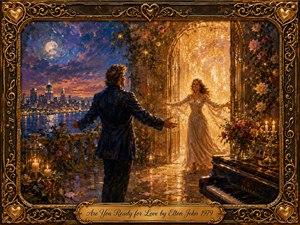 A romantic fantasy painting shows a man reaching toward a radiant woman stepping from a golden doorway onto a flower-lined terrace. Twilight blues and warm amber light frame a distant city skyline, reflective water, candles, roses, and a piano. Ornate gilded musical filigree surrounds the luminous, hopeful scene.
