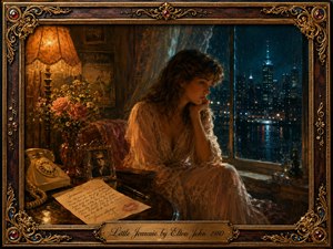 A wistful young woman sits beside a rain-streaked city window, surrounded by roses, a vintage telephone, handwritten letter, and framed photograph. Warm amber lamplight contrasts with deep teal night tones, creating a romantic, nostalgic mood. The richly painted scene is enclosed by ornate gold filigree and a centered engraved title plate.