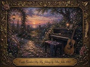 A richly painted twilight garden evokes quiet remembrance, with a weathered piano, acoustic guitar, empty iron chair, drifting rose petals, and glowing lanterns along a winding stone path. Warm sunset oranges blend into cool violets and blues, while an ornate gilded floral frame and engraved brass title plate complete the elegiac composition.