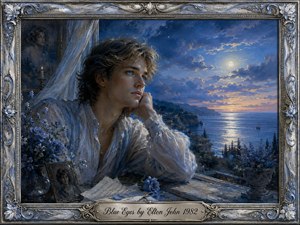 A wistful young man with luminous blue eyes rests beside an open seaside window, surrounded by blue flowers, letters, and a framed portrait. Moonlit water and distant cliffs glow beneath a dramatic twilight sky. Cool blues, silvers, and soft amber highlights create a romantic, melancholic atmosphere within an ornate floral frame.