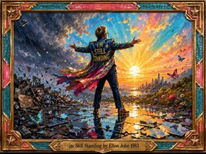 A triumphant figure stands amid shattered reflections, arms wide toward a radiant sunrise, symbolizing resilience after hardship. Storm clouds and broken memories fade into a glowing city, flowers, and butterflies. Vivid turquoise, gold, pink, and orange tones, dramatic light, expressive painterly textures, and an ornate retro frame create an uplifting, celebratory mood.