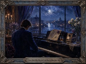 A solitary man sits at a grand piano beside a rain-streaked window overlooking a moonlit city and river. Deep blues, indigo, silver, and violet dominate, warmed by candlelight and distant street lamps. Roses, photographs, handwritten pages, and a whiskey glass enrich the nostalgic, romantic oil-painted scene within an ornate antique frame.