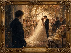 A luminous wedding unfolds in a flower-filled hall as the bride and groom kiss beneath golden light, while a solitary man watches from the shadowed foreground with quiet longing. Warm gold, ivory, blush, and deep navy tones enhance the romantic, bittersweet mood, framed by ornate gilded scrollwork and an engraved title plate.