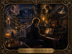 A solitary pianist sits in a warmly lit room overlooking a rain-soaked city, surrounded by ghostlike memories, drifting musical notes, and intimate scenes of love and performance. Deep blues, amber golds, and crimson accents create a reflective, melancholic mood, framed by ornate musical filigree and an engraved title plate.