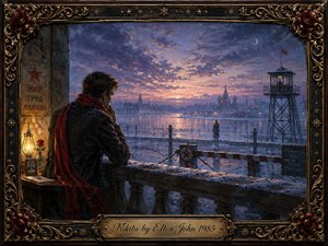 A wistful winter border scene shows a solitary man in a red scarf gazing toward a distant figure beyond barbed wire and a guarded watchtower. Icy blues, lavender skies, and warm amber lamplight create romantic tension. Rich painterly textures, Russian architectural silhouettes, roses, stars, and an ornate brass frame deepen the melancholy atmosphere.
