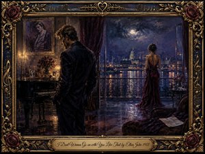 A richly painted nighttime interior captures emotional separation as a somber man stands beside a piano while a woman gazes from a balcony over a moonlit city. Deep blues, burgundy, gold, and violet create a melancholy atmosphere, balanced by warm candlelight, reflective surfaces, roses, musical motifs, and an ornate gilded frame.