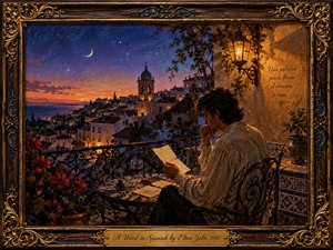 A contemplative man reads a letter on a lantern-lit Spanish balcony overlooking a whitewashed hillside town and distant sea at twilight. Deep blues, violet skies, warm amber light, flowers, patterned tiles, and wrought iron create a romantic, nostalgic mood. The richly textured painterly scene is enclosed by an ornate gilded frame and engraved title plate.