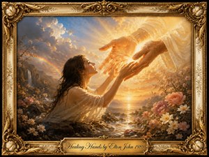 A luminous woman reaches upward toward enormous glowing hands descending from radiant clouds, symbolizing comfort, renewal, and emotional healing. Golden sunrise light washes across water, mountains, flowers, and a faint rainbow, creating a hopeful, spiritual atmosphere. Romantic painterly realism, warm creams, golds, blues, and ornate gilded framing complete the scene.