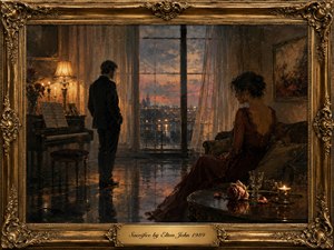 A richly textured oil-style painting portrays a couple separated by silence in an elegant room at dusk. Warm amber lamps and candles contrast with smoky blues beyond a rain-streaked window. Burgundy fabric, reflective flooring, scattered rose petals, and a fading flower deepen the melancholy mood, framed by ornate antique gold detailing.