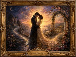 A tender couple embraces at the center of a dreamlike twilight garden, silhouetted against radiant golden sunset light. Rose-covered arches, distant water, stone paths, and a crescent moon balance warm amber with deep blue and violet tones. Rich painterly textures and an ornate gilded frame create a romantic, timeless atmosphere.