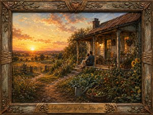 A warmly textured oil painting depicts a couple seated together on a rustic cottage porch, overlooking sunlit fields at golden hour. Amber, peach, earthy green, and weathered brown tones create a peaceful, nostalgic mood. A lush vegetable garden, wildflowers, winding path, carved wooden frame, and engraved brass title plate enrich the intimate rural scene.