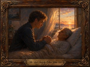A tender bedside farewell unfolds in a warmly lit room, where a young man clasps the hands of an elderly man beneath a glowing sunset window. Golden amber light contrasts with cool blue shadows, while flowers, photographs, and music details enrich the nostalgic scene. The painterly style and ornate frame heighten its intimate, elegiac mood.