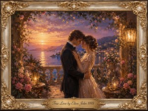 A tender couple embraces on a flower-draped terrace overlooking shimmering water and distant hillside lights at sunset. Warm lanterns illuminate roses, stone balustrades, and their elegant clothing beneath a glowing gold, pink, lavender, and blue sky. The romantic oil-painting style is enclosed by an ornate gilded ivory frame with an engraved title plate.