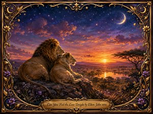 Two lions rest closely together on a rocky savanna overlook beneath a glowing sunset that fades into a star-filled indigo sky. Warm gold, amber, violet, and blue tones create a tender, romantic mood. Painterly lighting highlights the lions, reflective water, distant acacias, and an ornate celestial floral frame with an engraved title plate.