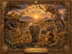 A majestic African savanna glows beneath a radiant golden sunrise, where elephants, lions, antelope, birds, and new life form a sweeping circle of renewal. Warm amber, bronze, and earthy tones create a timeless, reverent mood. Rich painterly detail, dramatic lighting, distant mountains, waterfalls, and an ornate gilded frame complete the composition.