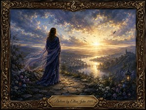 A solitary figure in flowing blue and violet robes overlooks a luminous river valley at sunset, conveying contemplation, faith, and renewal. Golden light breaks through dramatic clouds, illuminating distant hills, bridges, birds, wildflowers, and a glowing lantern. An ornate dark wood-and-bronze musical frame and engraved title plate complete the romantic painterly composition.