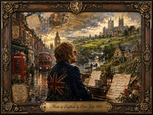 A richly detailed, nostalgic painting shows a contemplative musician overlooking a dreamlike blend of rainy London streets and rolling English countryside. Warm gold light breaks through dramatic clouds, illuminating red buses, a telephone box, cathedral towers, handwritten music, roses, and stone cottages. An ornate dark wood and brass frame completes the dignified composition.