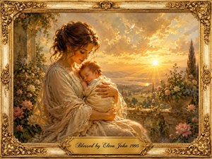 A tender mother cradles her sleeping infant on a flower-filled terrace overlooking a radiant valley at sunrise. Warm gold, cream, rose, and soft green tones create a peaceful, reverent mood. Romantic painterly detail, glowing clouds, a white dove, ornate gilded framing, and an engraved title plate complete the luminous composition.