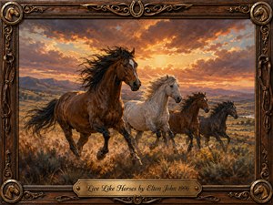 Four spirited horses gallop across a sunlit open plain beneath a dramatic golden-orange sky, their flowing manes and powerful strides conveying freedom, unity, and hope. Warm sunset light illuminates distant mountains and grasses in a richly textured painterly style, while an ornate wood-and-bronze equestrian frame and engraved title plate complete the composition.