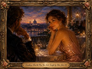 A romantic impressionistic oil painting captures an elegant woman exchanging a tender gaze with her companion on a candlelit terrace above a glowing twilight city. Warm gold, rose, amber, and deep blue tones create intimate luminosity, while flowers, wine glasses, distant architecture, and an ornate musical floral frame enrich the timeless atmosphere.