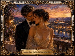 A tender couple embraces on a candlelit balcony overlooking a glowing European city at sunset, creating an intimate, dreamlike atmosphere. Warm gold, amber, violet, and deep blue tones shimmer across the painterly scene. An ornate gilded frame with piano keys, floral scrollwork, blue jewels, and an engraved title plate completes the romantic composition.