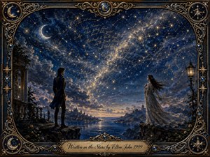 Two star-crossed lovers face each other across a moonlit coastal divide beneath a vast celestial sky glowing with constellations, golden star trails, and swirling clouds. Deep indigo, silver, and warm gold create a wistful romantic mood, while ornate fantasy architecture, lantern light, flowing garments, and an elaborate celestial frame heighten the dreamlike atmosphere.