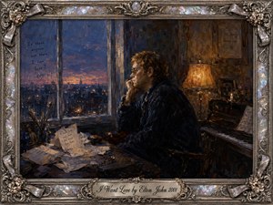A solitary man sits pensively beside a rain-streaked window overlooking a twilight city, surrounded by scattered letters, a piano, photographs, and warm lamplight. Deep blues, amber golds, and textured brushwork create a melancholy, intimate atmosphere. An ornate silver frame with iridescent details and engraved title plate completes the nostalgic composition.
