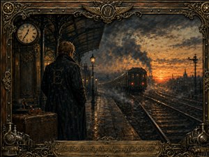 A solitary man stands on a rain-slicked Victorian railway platform, watching a dark train disappear toward a fiery sunset. Warm amber lamps, smoky clouds, wet reflective tracks, and a distant skyline create a wistful, cinematic mood. Ornate brass-and-iron framing, locomotive motifs, a clock, luggage, and an engraved title plate enhance the richly detailed painterly style.