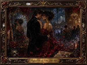 A passionate couple embraces in a lavish, candlelit ballroom overlooking a moonlit city, surrounded by cracked mirrors, drifting rose petals, velvet drapery, sheet music, wine, and a masquerade mask. Deep crimson, midnight blue, black, and gold create a seductive, melancholic mood, framed in ornate baroque scrollwork with an engraved title plate.