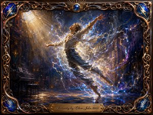 A joyful dancer leaps through a shadowy theatrical space as brilliant blue, violet, and golden currents swirl around the figure like living music. Warm spotlight beams contrast with electric sparks and glowing notes, while a richly detailed copper-and-brass frame, blue enamel accents, and engraved title plate complete the dramatic painterly composition.