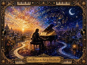 A lone pianist performs on a dreamlike rooftop where glowing sunrise gradually transforms into a star-filled blue night. Golden musical notes spiral above the grand piano, while winding piano keys flow across the reflective terrace. Ornate brass framing, vinyl accents, flowers, city lights, and painterly textures create a nostalgic, magical atmosphere.