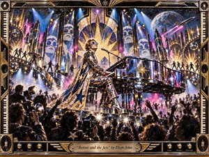 A flamboyant pianist commands a dazzling retro-futurist concert stage, surrounded by mirrored rockets, towering art deco panels, disco spheres, cameras, and an ecstatic crowd. Gold, black, cobalt blue, and electric pink dominate beneath sharp theatrical spotlights. The richly textured mixed-media style blends glam-rock spectacle, cosmic fantasy, and polished metallic ornament.