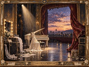 An empty theater stage glows with wistful twilight as a white grand piano, draped satin gown, roses, photographs, and scattered papers suggest a vanished star. Warm spotlights contrast with deep burgundy curtains and a dusky city skyline. Ornate gold framing, piano-key details, and handcrafted textures create an elegant, mournful tribute.