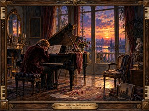 A solitary pianist slumps at a grand piano in an ornate, dimly lit room overlooking a glowing sunset cityscape. Deep burgundy, bronze, black, and amber tones create a melancholy, reflective mood. Rich painterly textures, scattered rose petals, framed memories, dramatic window light, and an intricately crafted musical frame enhance the emotional scene.
