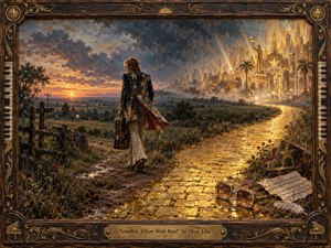 A solitary traveler leaves a glittering golden road and radiant fantasy city behind, stepping toward a quiet rural landscape at sunset. Warm golds contrast with stormy blues and earthy browns, creating a bittersweet, reflective mood. Rich painterly textures, theatrical lighting, discarded glasses, sheet music, and an ornate piano-themed frame deepen the sense of farewell.