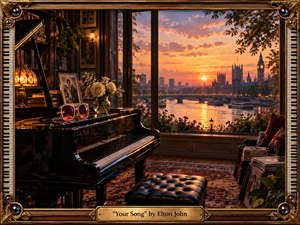 SongData_YourSong_EltonJohn_1970 A glossy black grand piano anchors a warmly furnished music room overlooking London at sunset, where the Thames and glowing skyline create a romantic, reflective mood. Amber lamps, jeweled sunglasses, white roses, records, books, and vintage decor enrich the intimate scene, framed by ornate gold trim and piano-key details.