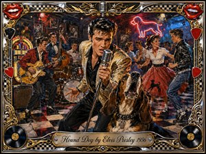 A charismatic rockabilly singer leans into a chrome microphone beside an expressive hound dog, backed by musicians and dancing couples in a lively 1950s club. Saturated reds, blues, golds, neon light, and checkerboard flooring create playful energy, while painterly textures, jukebox details, vinyl records, and an ornate musical frame complete the nostalgic scene.