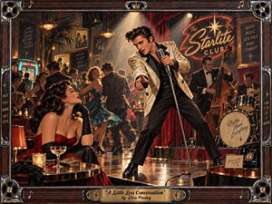 A charismatic rock-and-roll singer commands a smoky 1950s nightclub, leaning toward an elegant woman as dancers swirl behind him. Warm amber spotlights, crimson drapery, turquoise jukebox glow, polished chrome, and reflective floors create seductive energy. Rich oil-paint textures, vintage signage, musicians, and an ornate musical frame complete the scene.