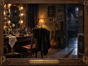 A solitary backstage dressing room glows with warm amber lamplight, contrasting a moonlit, empty theater beyond an open door. A rhinestone-studded jacket hangs over a chair beside a worn guitar, faded photographs, wilted flowers, and a drink. Rich wood, bronze, deep blue shadows, and vintage realism create a haunting atmosphere of loneliness and memory.