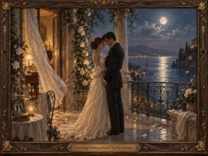 A devoted couple embraces on a moonlit Mediterranean balcony overlooking shimmering water and distant lights. Warm candlelight spills from an elegant interior, contrasting with cool blue night tones. Roses, flowing curtains, reflective stone, and ornate ironwork create a tender, timeless atmosphere, framed in richly carved dark wood with gilded musical details.